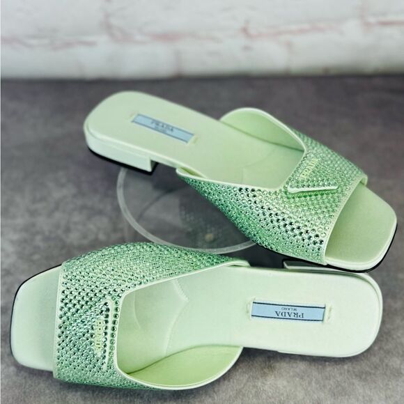 Prada Satin Crystal Embellished Green Slide Mules Sandals 37 NEW - Picture 1 of 9